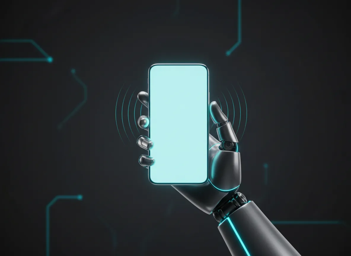 3D high-tech robotic hand holding a glowing smartphone with cyan accents