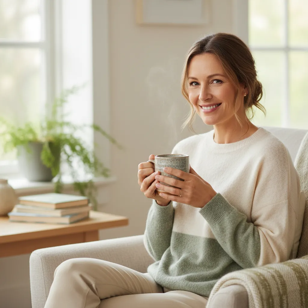 Portrait of Susan holding a cup of tea and smiling