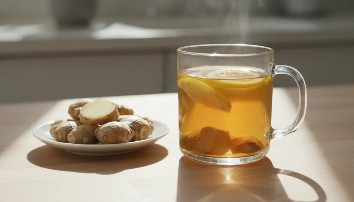 Ginger and lemon tea in a glass mug