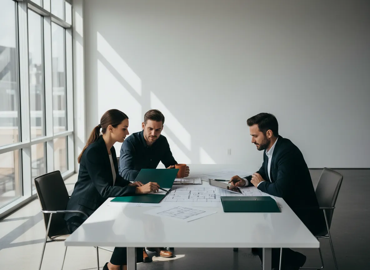 Team reviewing plans in an office