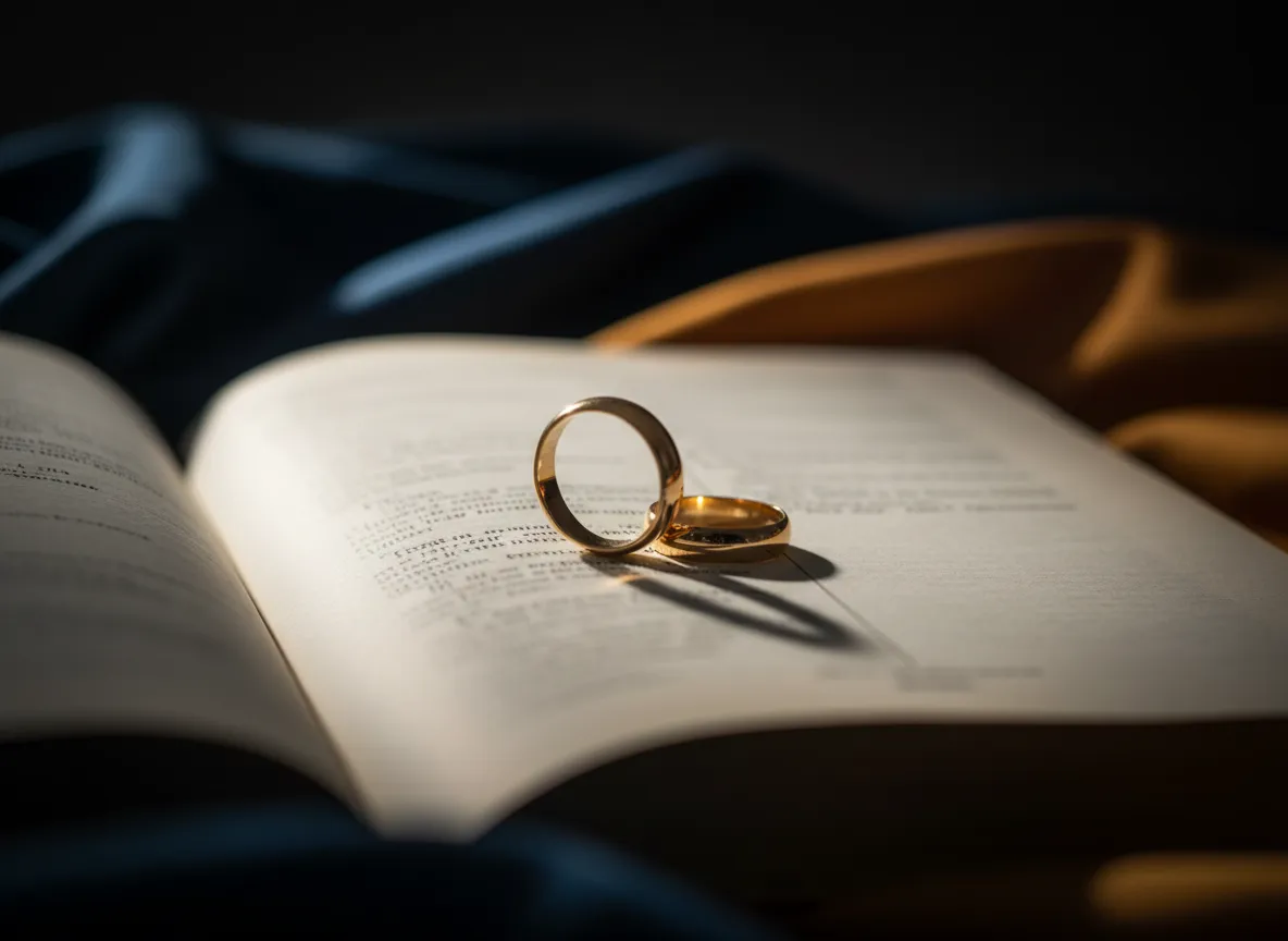 Wedding rings resting on an open Bible with soft light