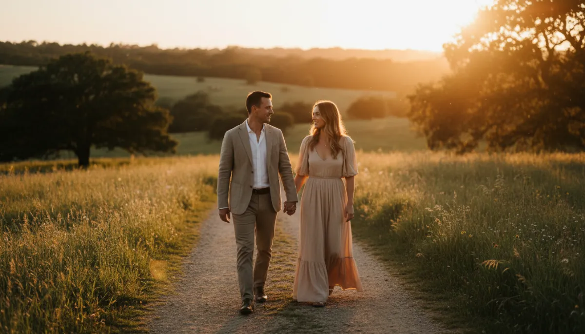 Couple walking hand in hand in soft golden light