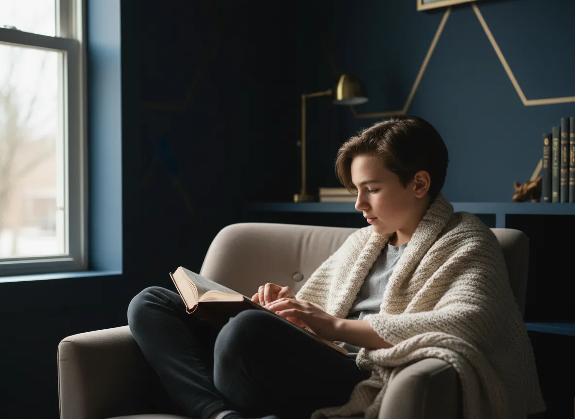 Teen reading Scripture quietly with soft light