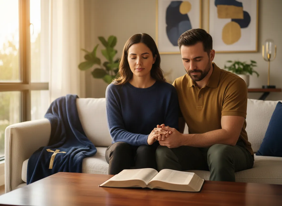Couple praying together in soft light