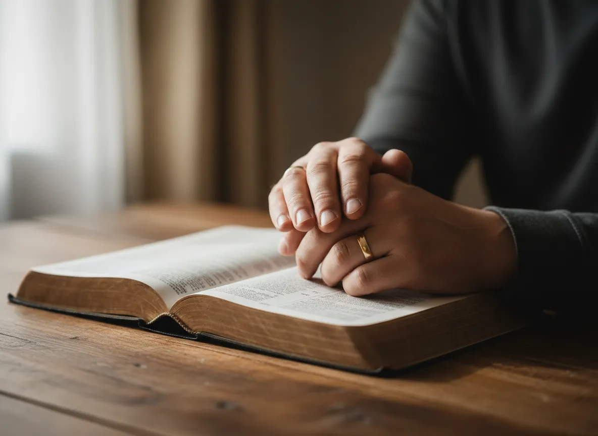 Couple holding hands over an open Bible with light shining through