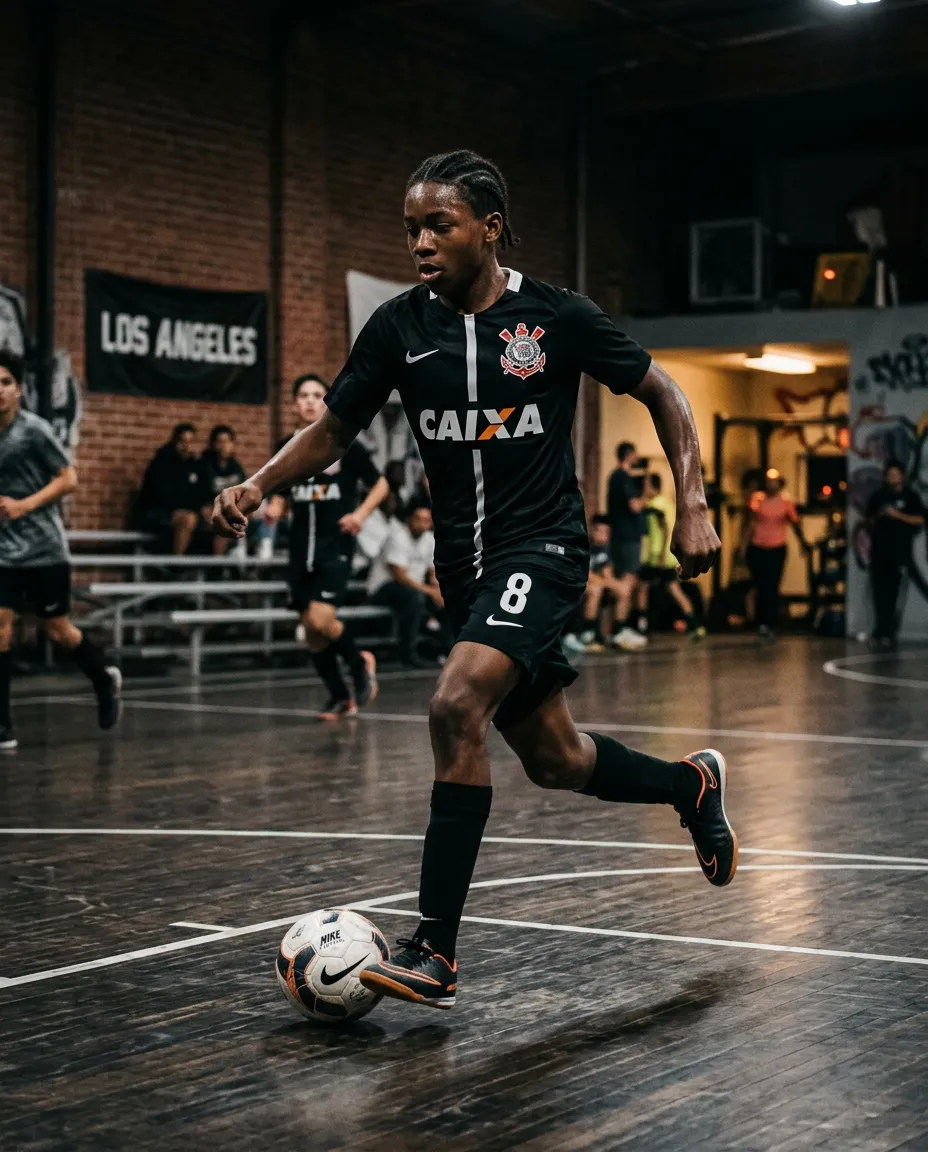 Youth futsal player in Corinthians kit training intensely on hard indoor court in Los Angeles