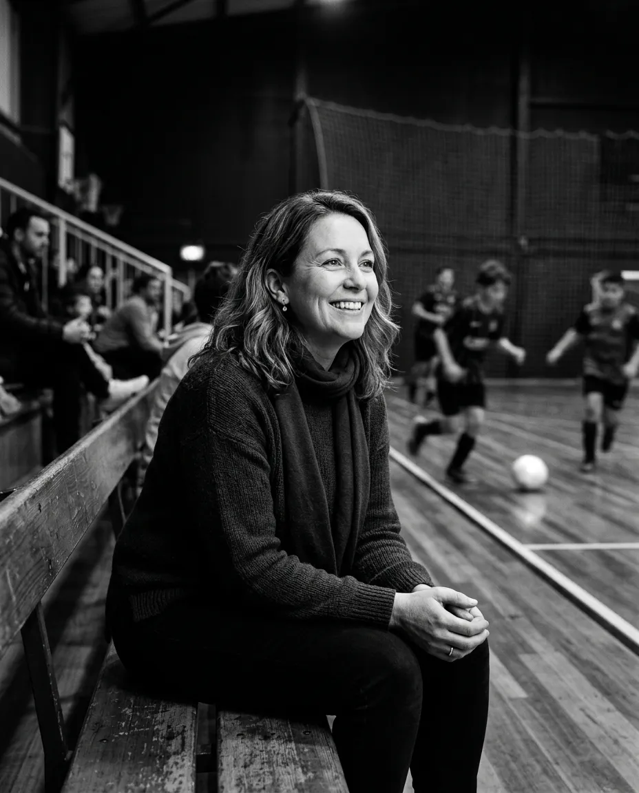 A relaxed parent smiling while watching their child play indoor futsal from the sideline