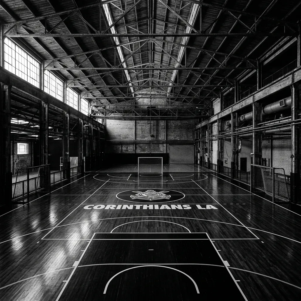 Dramatic high-contrast black and white wide shot of the indoor Corinthians LA futsal arena court and training facility