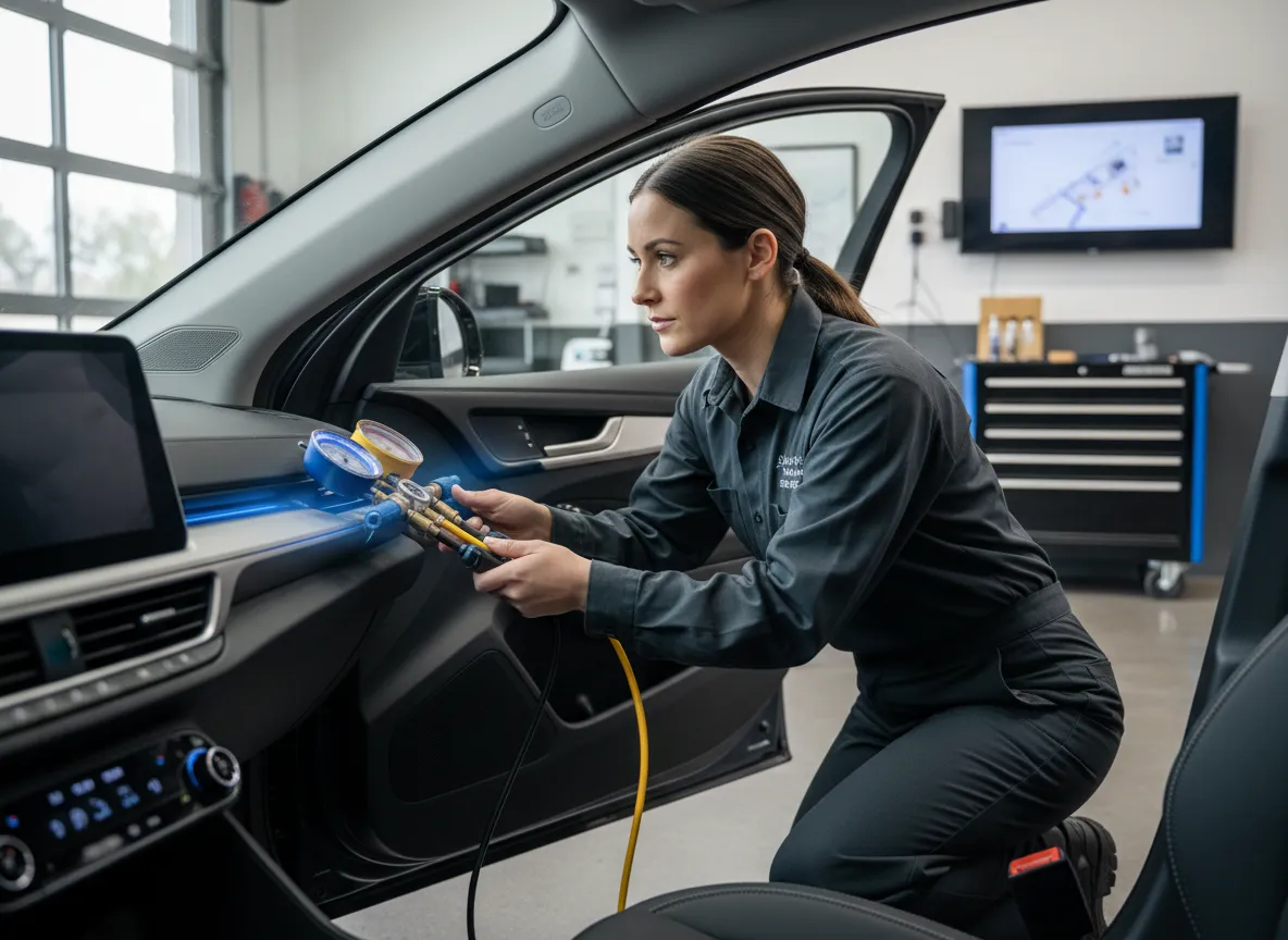 Technician checking car AC vents and dashboard controls