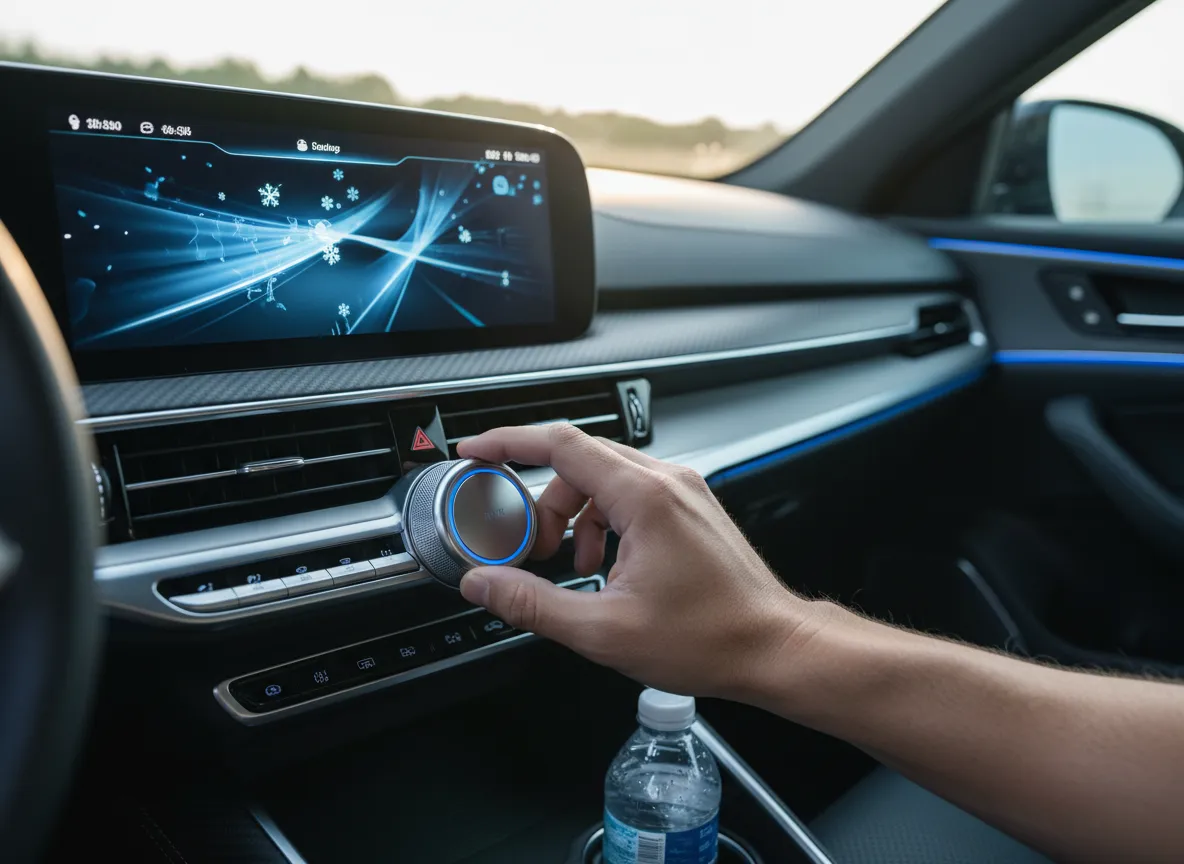Driver adjusting cool air on car AC control knobs