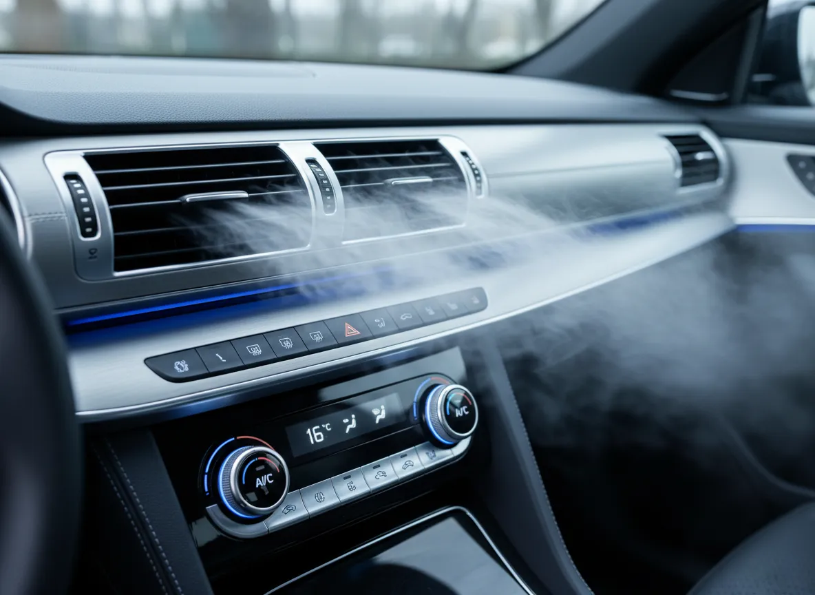 Close-up of cool air flowing from car dashboard AC vents