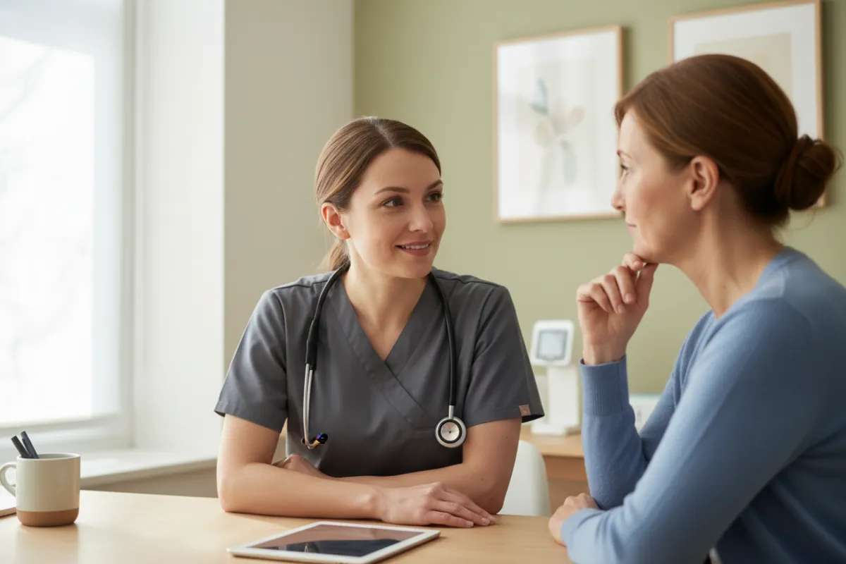 Clinician consulting with a mid-aged patient at Redial Clinic