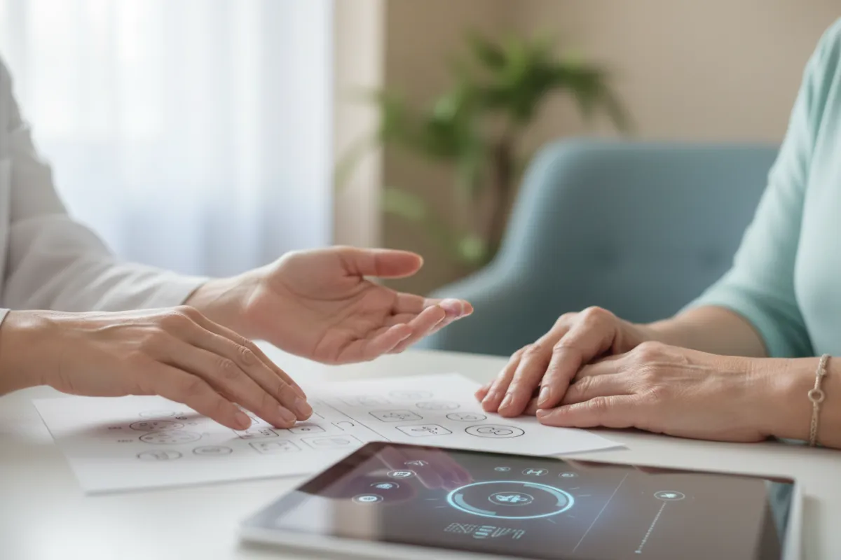 Clinician reviewing a meal plan and activity tracker with a patient
