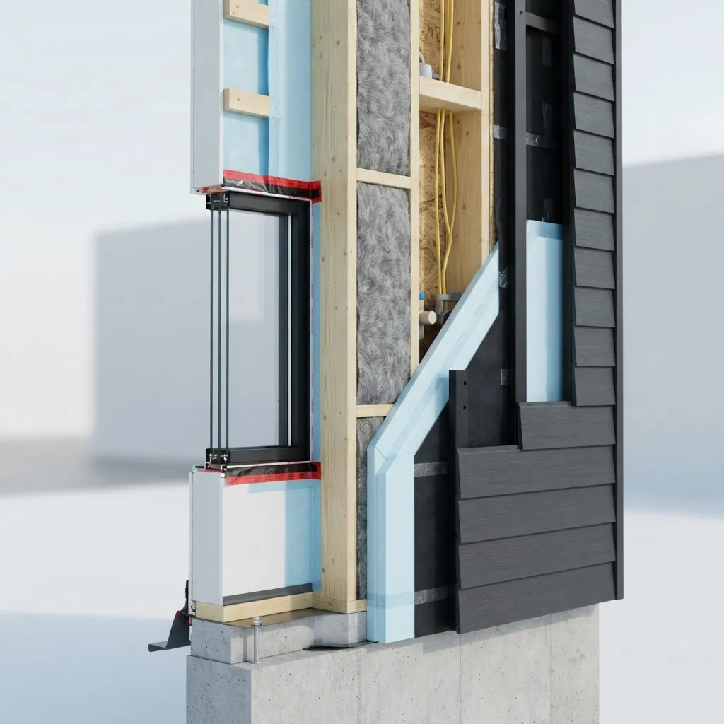 Technical wall assembly cross section showing continuous insulation and air barrier