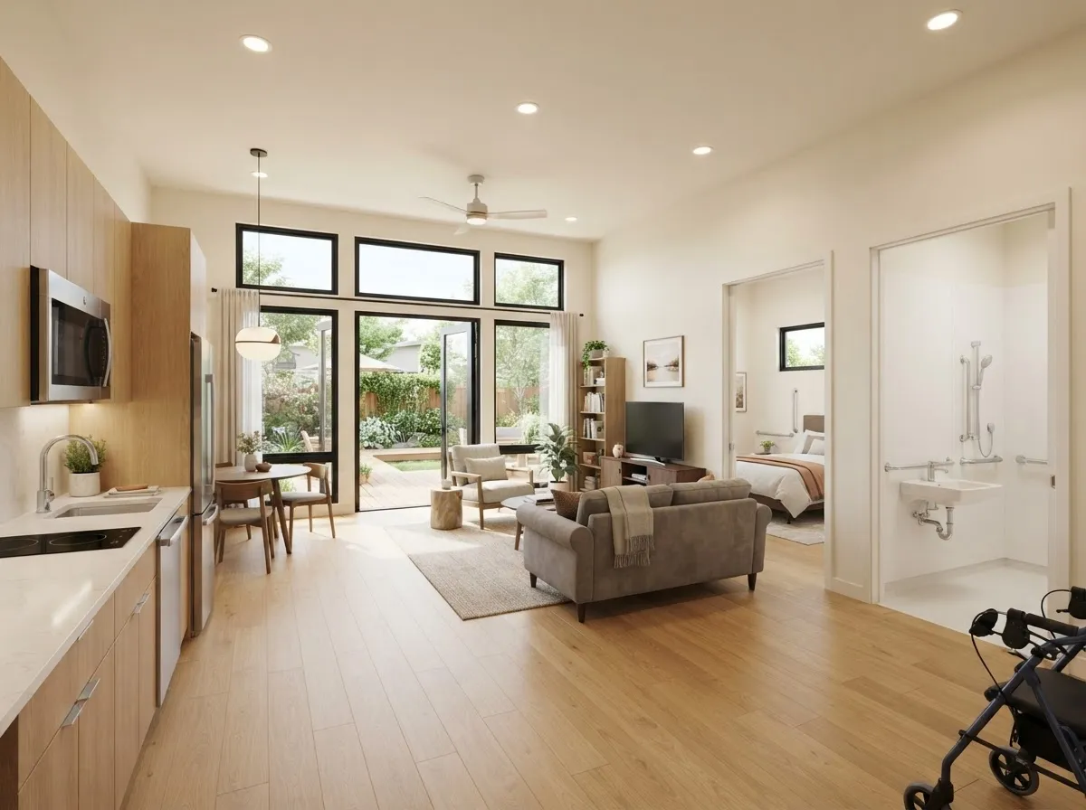 Modern standalone backyard ADU cottage with accessible entrance and warm architectural lighting
