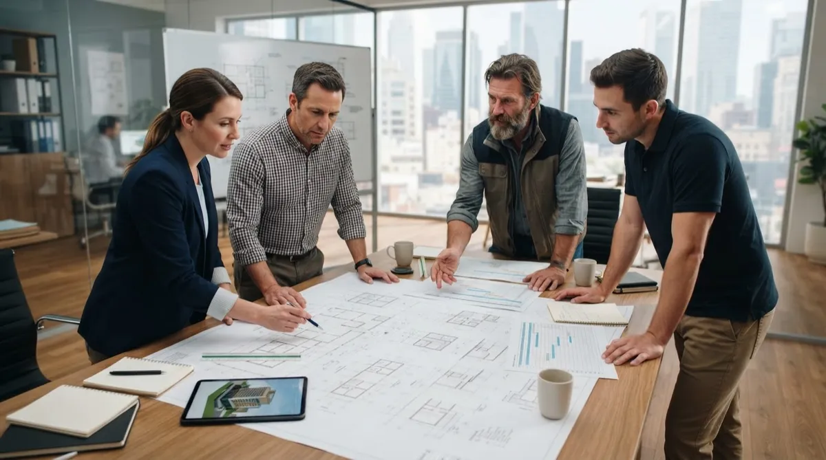 Architectural blueprints, site feasibility survey, and construction planning documents