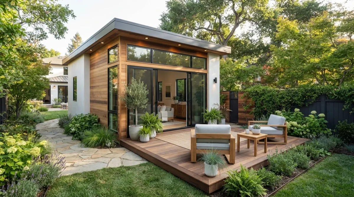 Modern standalone backyard accessory dwelling unit with private terrace