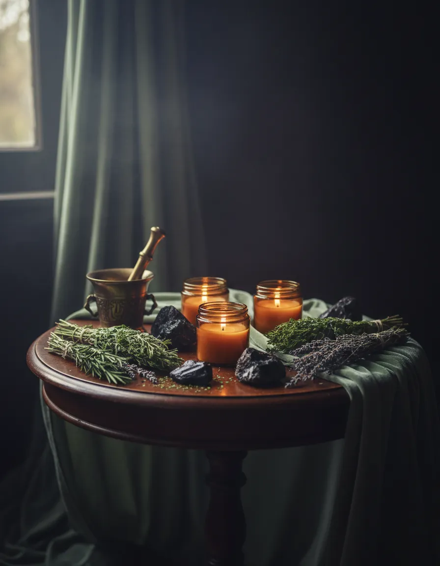 Moody witchy altar with herbs and candles for the Crow Coven