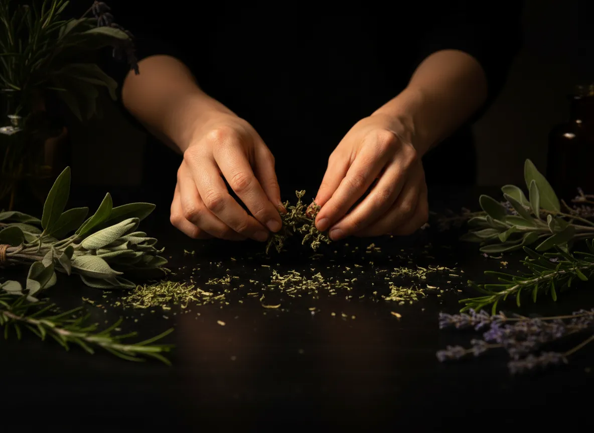 Hands gently tending to a garden of healing herbs