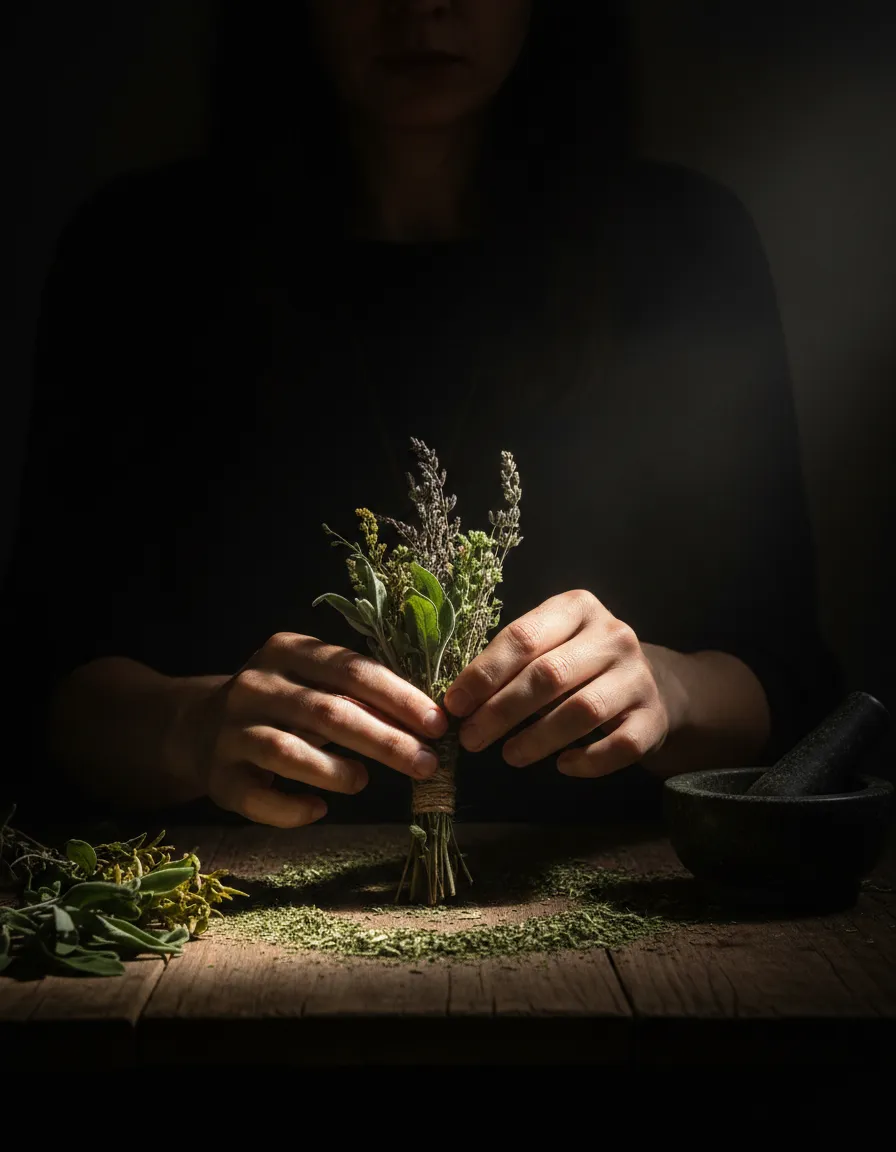 A practitioner's hands gently tending to natural herbal bundles in a moody forest setting