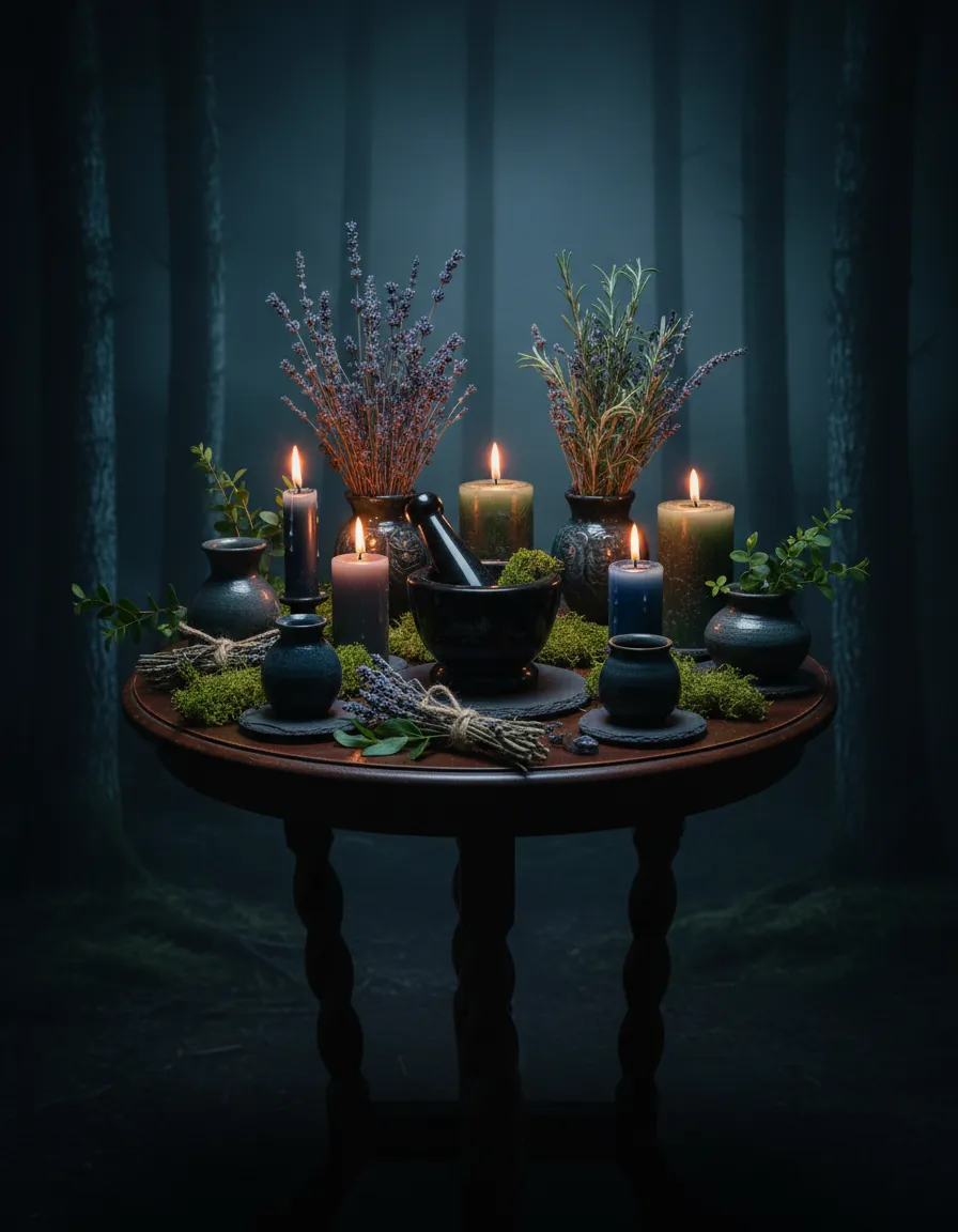 A moody, dimly lit setting evocative of ethereal connection and spirit communication.
