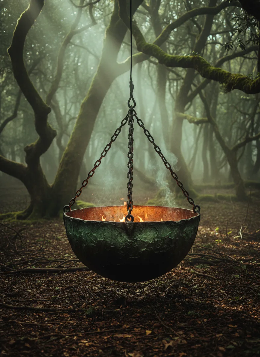 Cauldron bubbling over a mystical fire in a dark moody forest