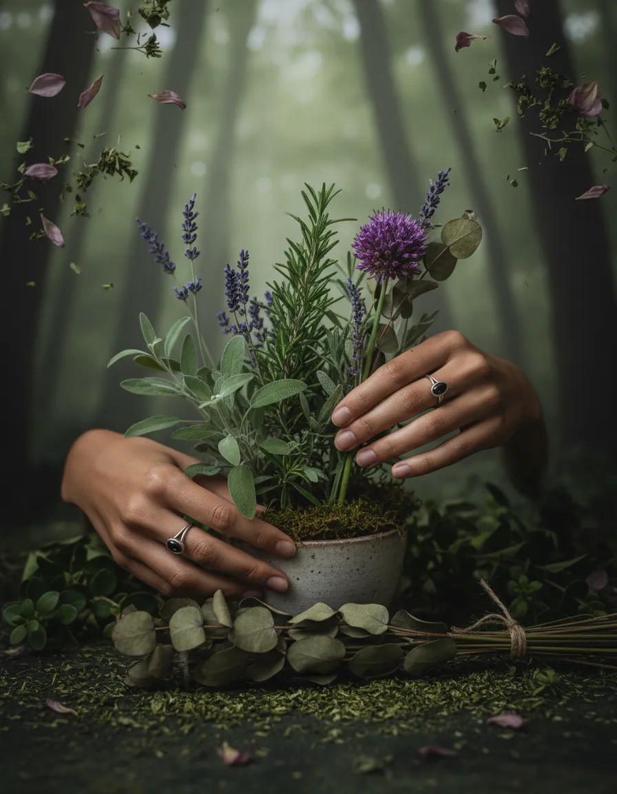 Hands gently tending to a garden in the forest with soft natural light