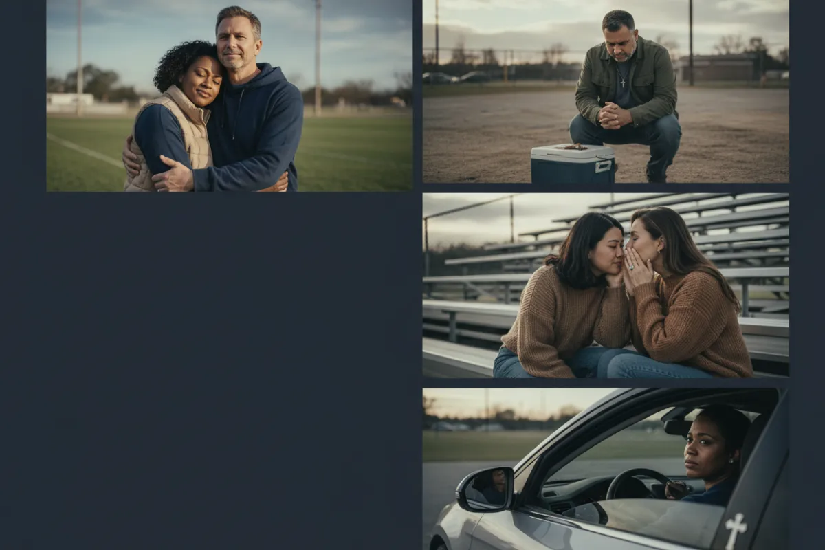 Horizontal image of American sports parents (age 35–60) in deep navy and warm neutral tones, faith-centered minimalist 'Sideline Mirror' style; confessional, authentic, non-stock look composed for headline readability