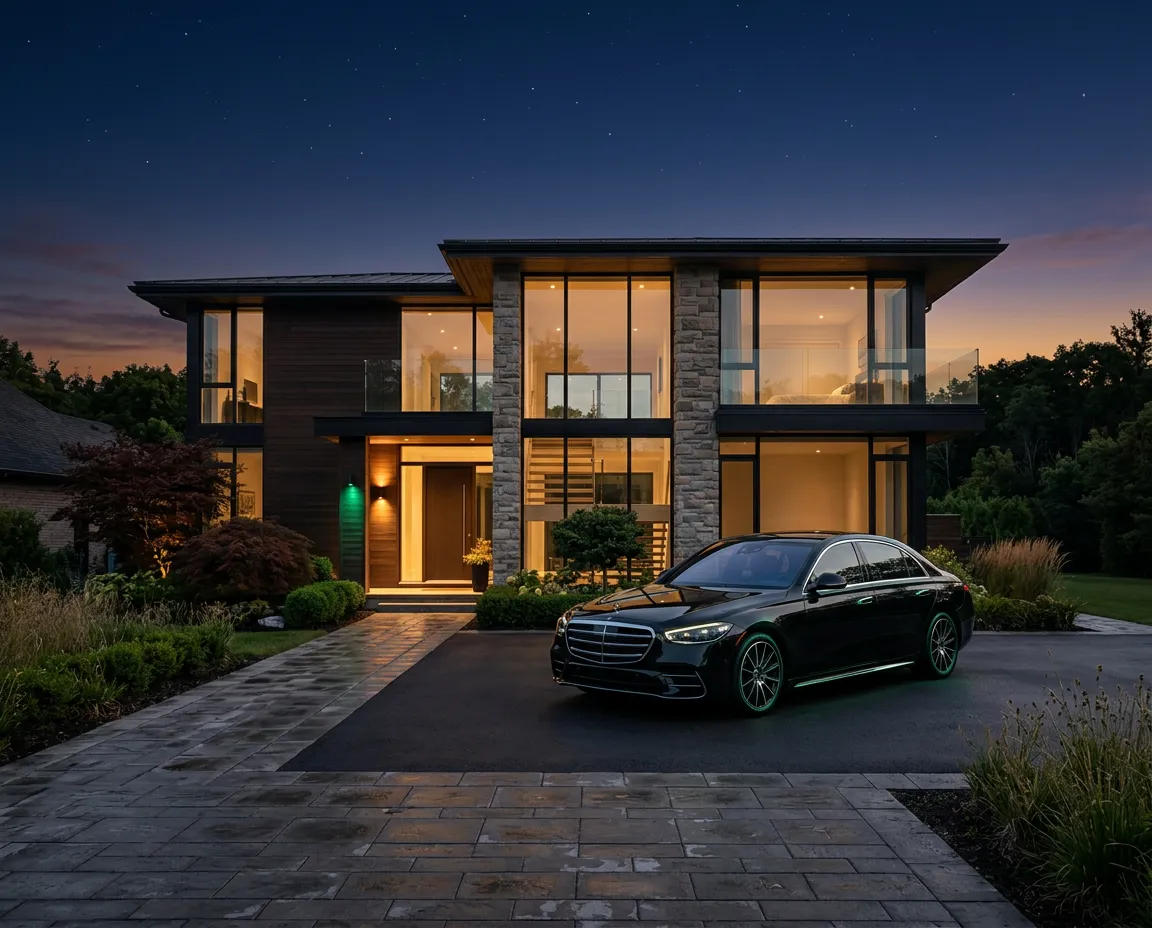Aspirational modern home and vehicle parked in the driveway symbolizing future credit milestone achievements