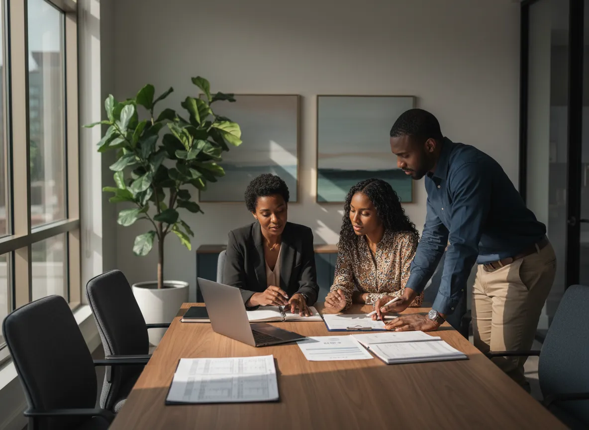 Black tax professionals collaborating in modern office
