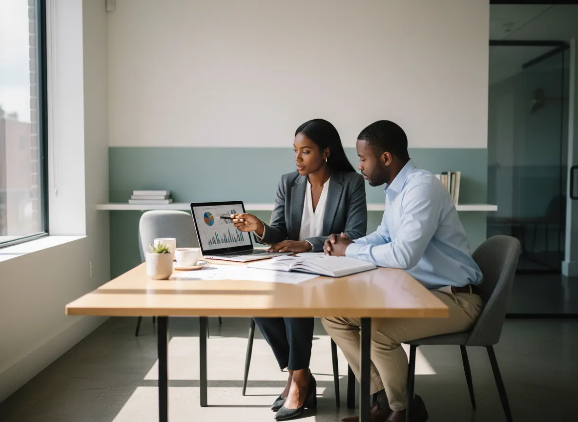 Black tax professional meeting with client in modern office