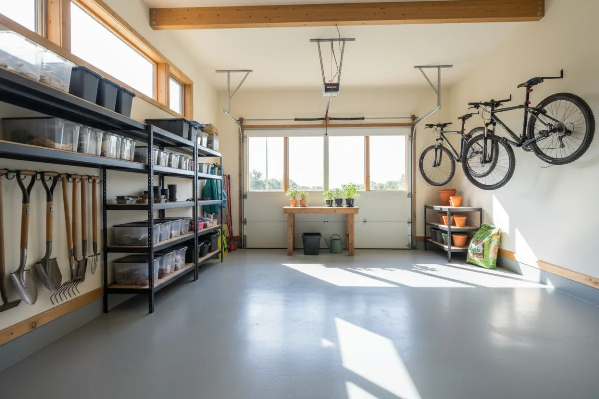 Spacious garage with epoxy flooring, modular shelving, and a wall-mounted bike system. The space is clean, with gardening tools and supplies arranged. Rural home, midday sunlight.