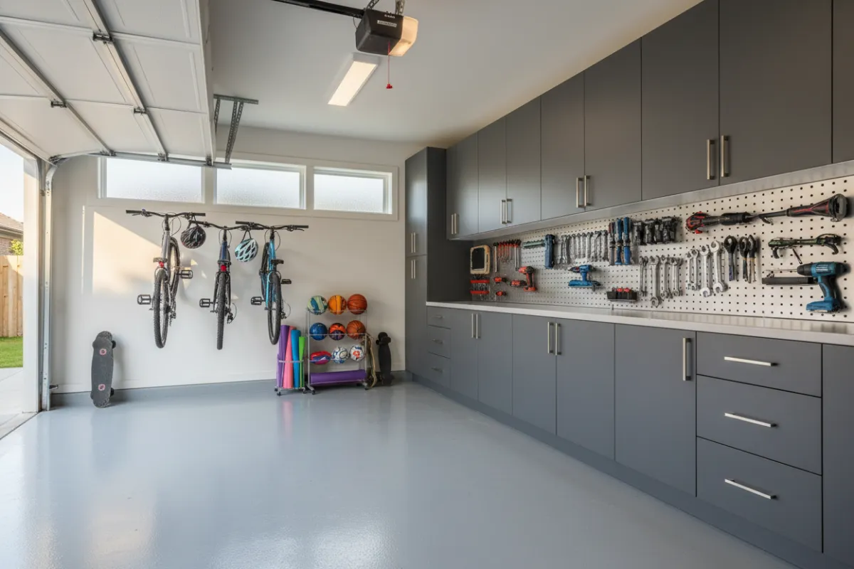 Garage with custom cabinets, wall-mounted tool racks, and a polished gray floor. The space is brightly lit, with a family bike and sports gear neatly stored. Suburban home, afternoon light.