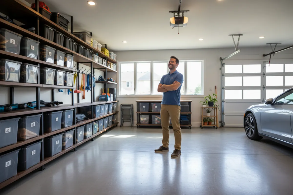 A modern, organized garage with custom shelving, bright lighting, and a clean epoxy floor, featuring a smiling homeowner admiring the transformation. The setting is suburban, with natural daylight and a sense of spaciousness.