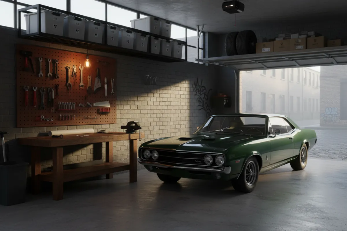 Transformed garage featuring a workbench, pegboard for tools, and overhead storage racks. The area is organized, with a vintage car parked inside. Urban setting, early morning light.