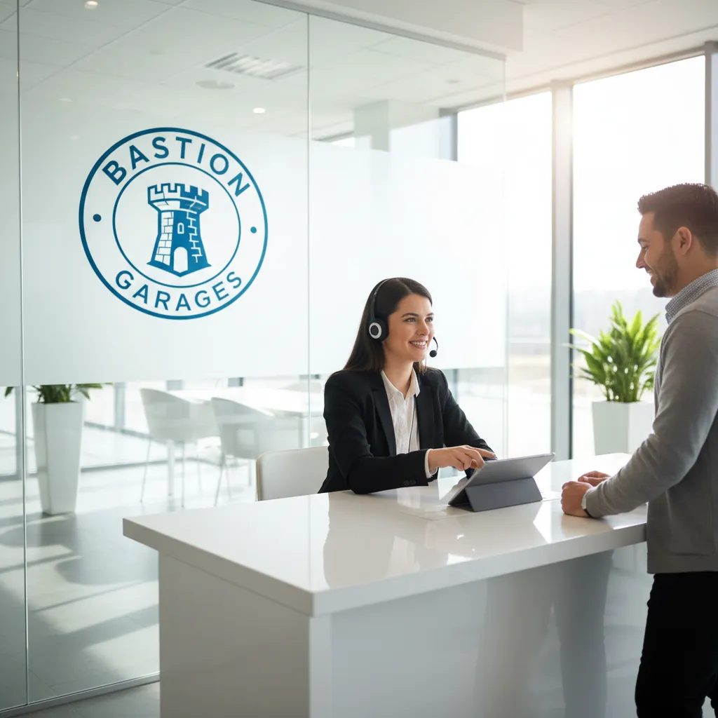 Customer service representative at a desk, wearing a headset and smiling while assisting a client. The office is modern, with a Bastion Garages logo visible in the background. Daylight streams through large windows.