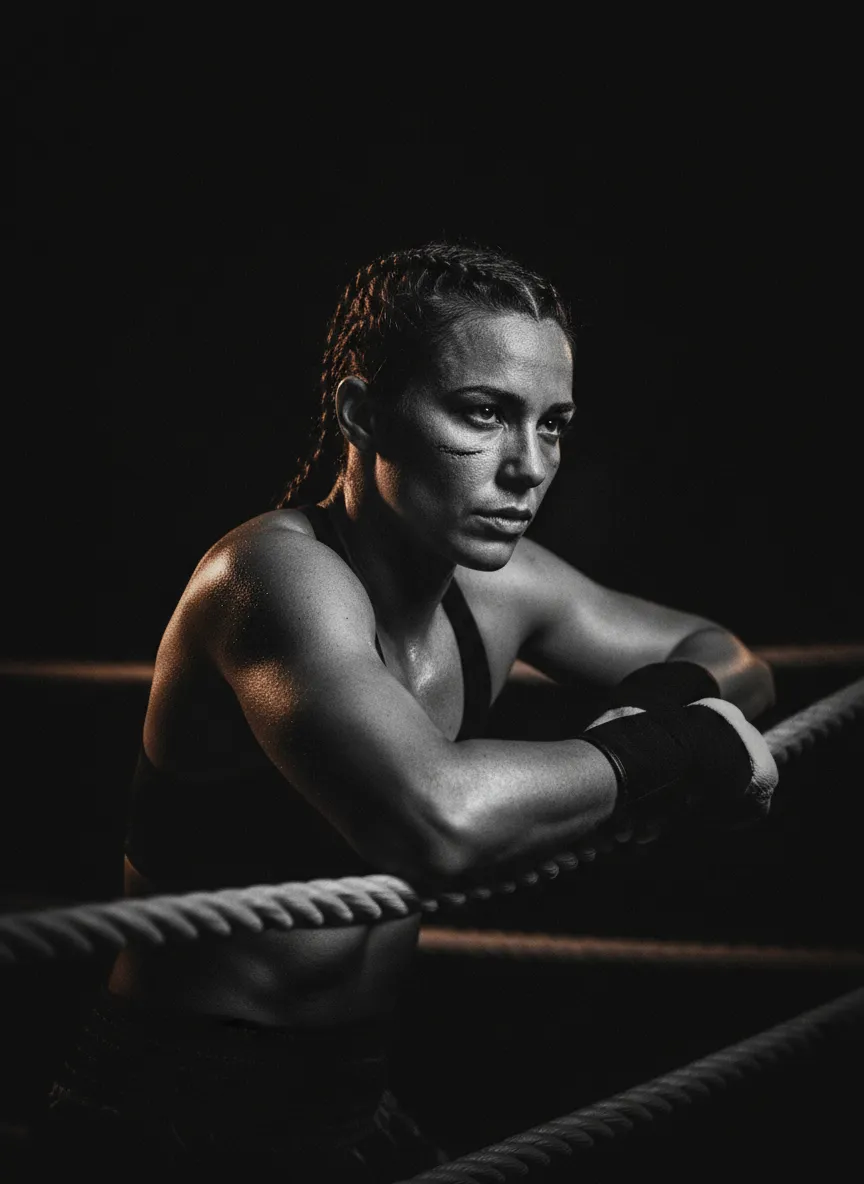 Fighter preparing in the arena, dark mode aesthetic
