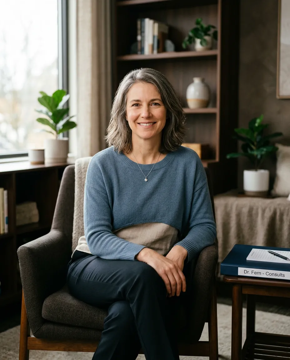 Dr. Fern in a warm, serene clinical consultation studio with neutral aesthetic tones