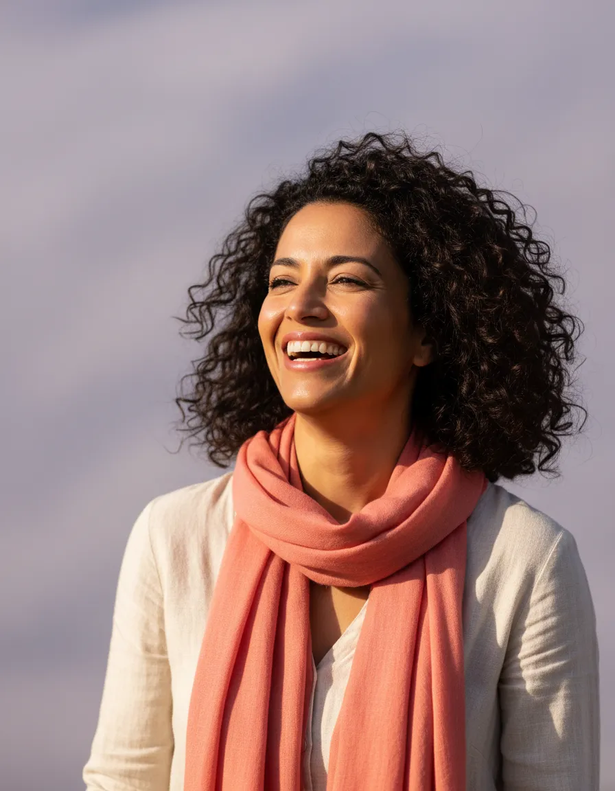 Woman mid-laugh enjoying a healthy lifestyle