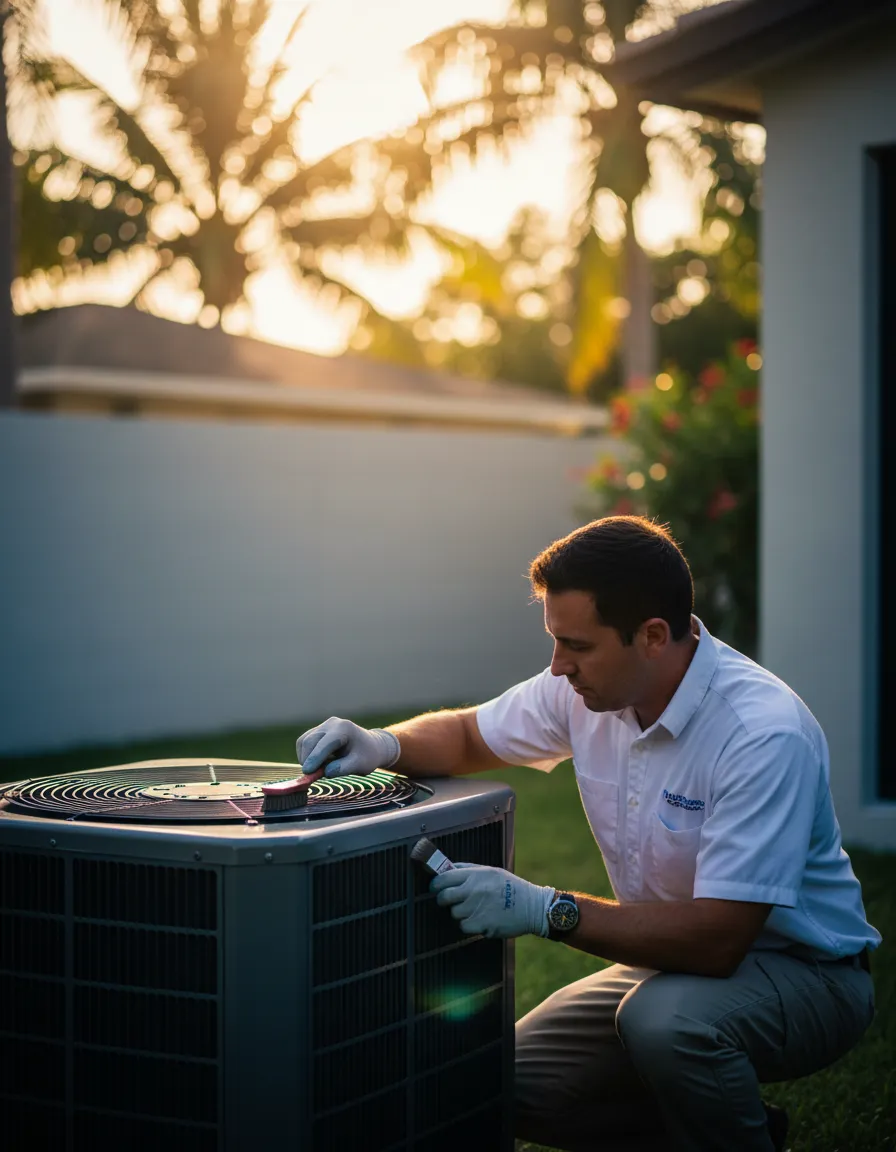 HVAC technician inspecting an air conditioning unit in South Miami-Dade