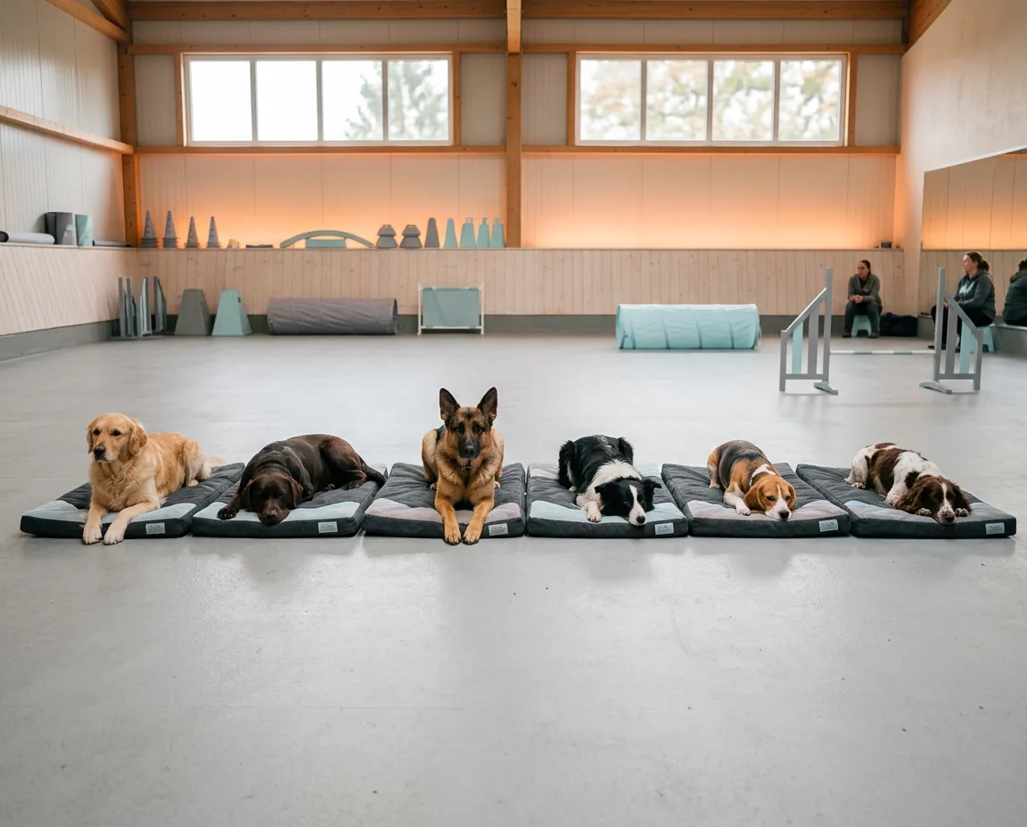 A calm, spacious indoor training hall with dogs peacefully resting on mats under gentle guidance