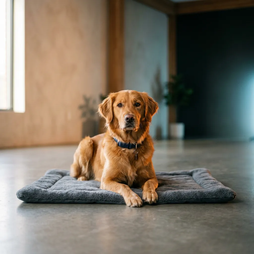 Calm golden retriever resting peacefully on a mat during dog training class