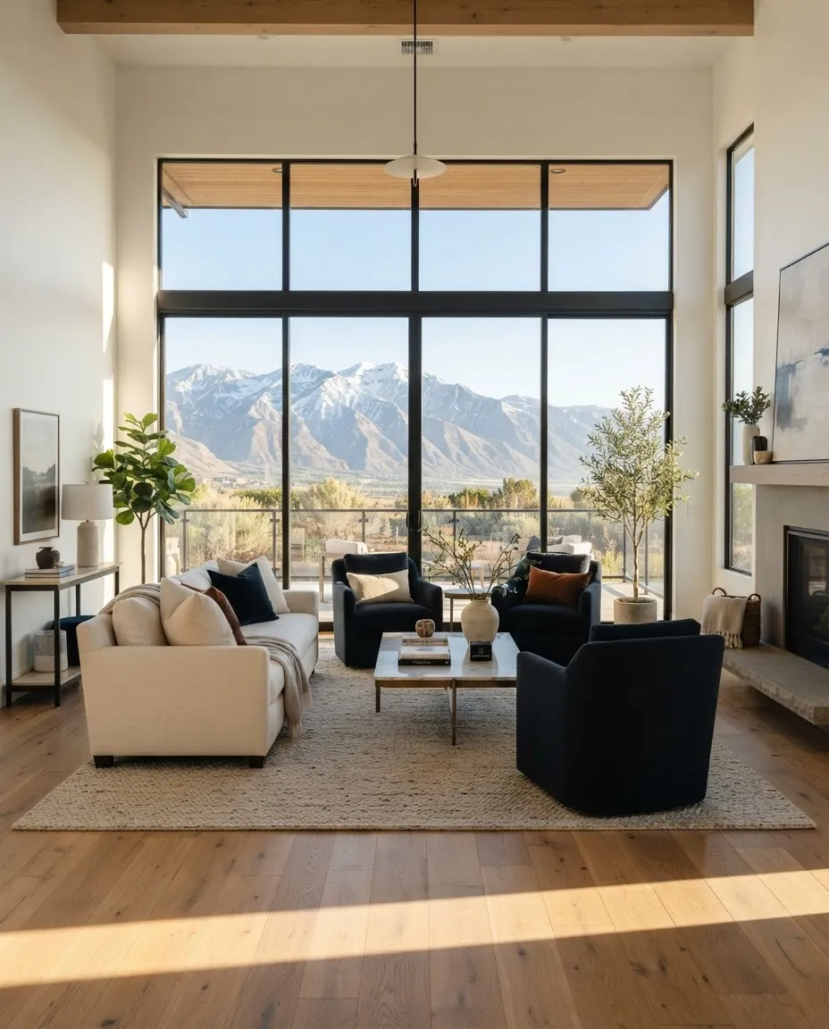 Elegant sunlit living room of a modern Utah home with natural timber accents and panoramic mountain windows