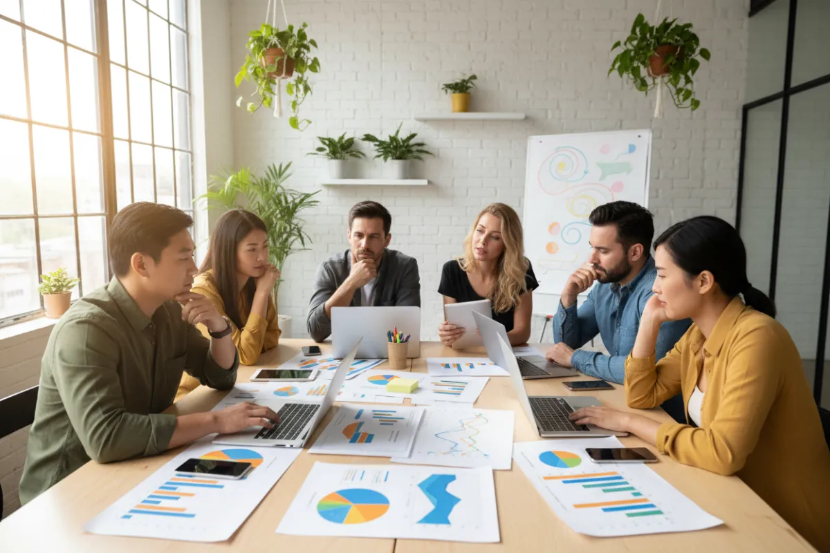 A diverse group of small business owners gathered around a table, reviewing colorful marketing charts and digital devices in a bright, modern workspace. The scene conveys collaboration, innovation, and strategic planning, with natural light and a vibrant, energetic atmosphere.