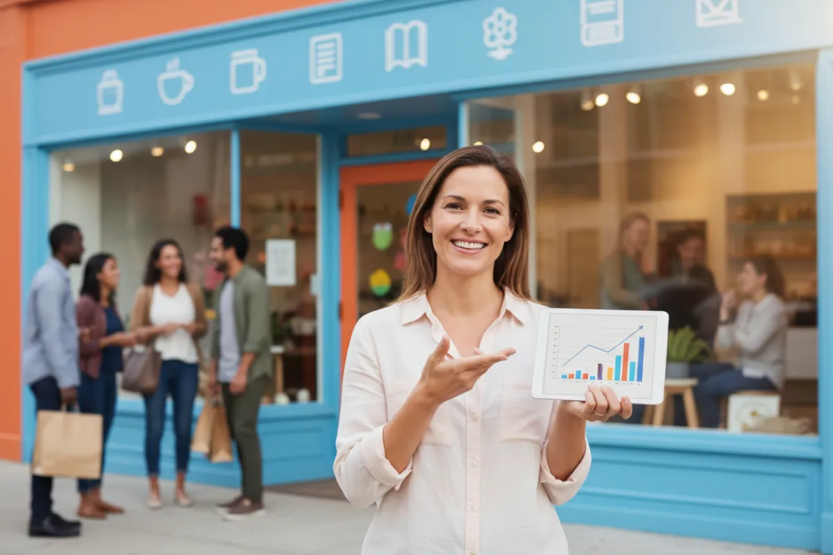 A cheerful small business owner standing in front of a newly renovated storefront, holding a digital tablet displaying sales analytics. The background features vibrant signage and passing customers, highlighting real-world business growth and community engagement.