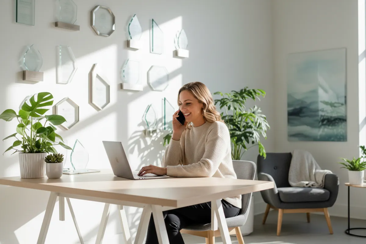A friendly marketing consultant at a desk, speaking on the phone while typing on a laptop. The office features modern decor, plants, and a wall of marketing awards, creating a welcoming and professional environment.