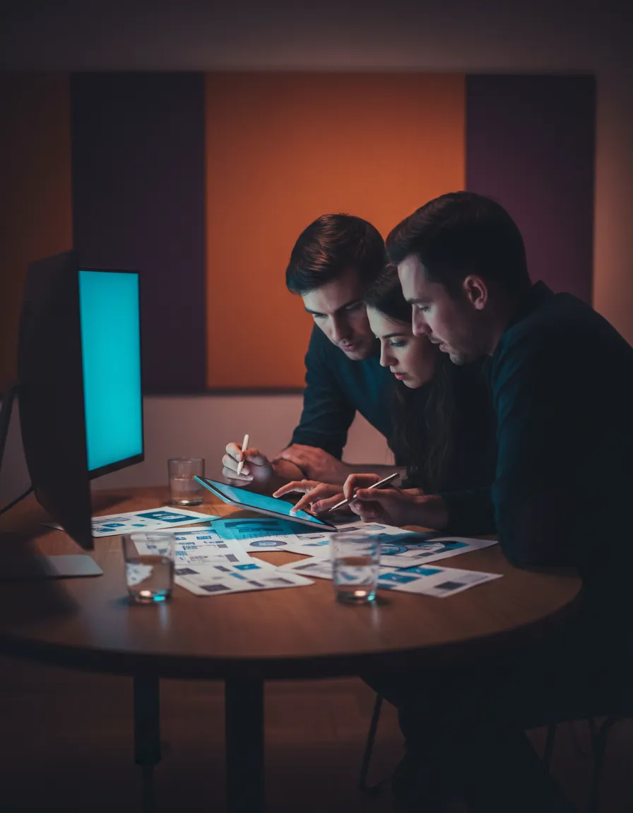 Team of designers collaborating on a UI mockup