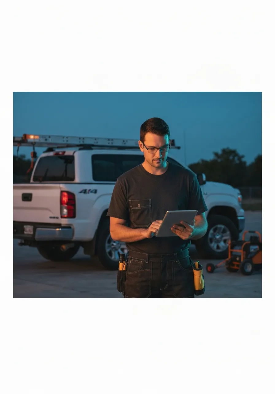 Cinematic view of a trade professional operating in the field using job management software