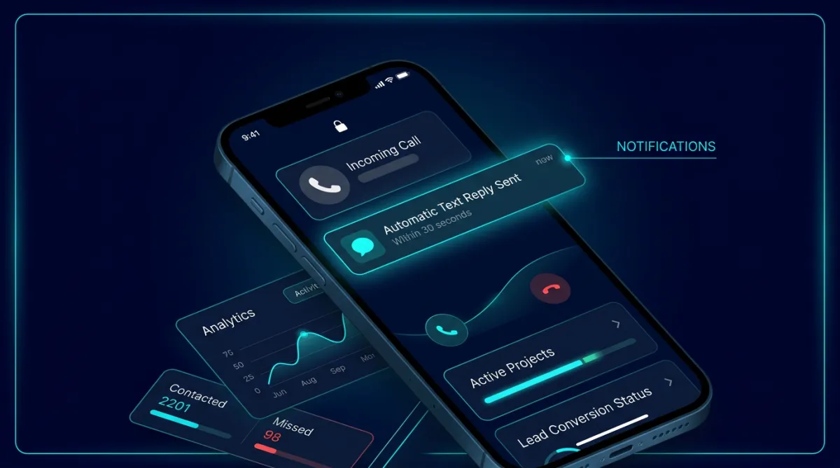 Missed call text-back automation on a dark contractor dashboard UI