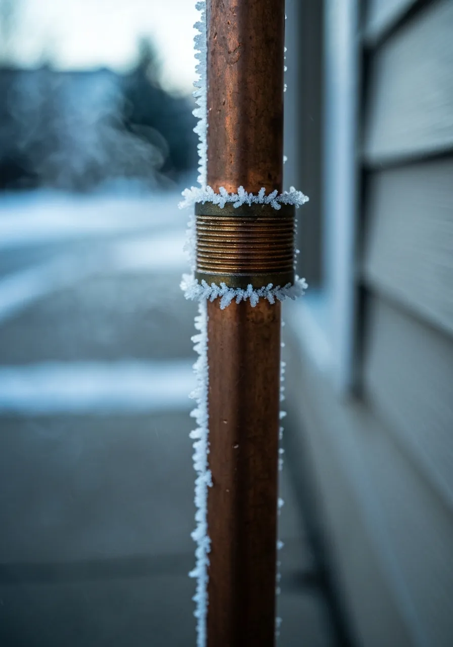 Frosted residential pipe in Colorado winter showing urgency
